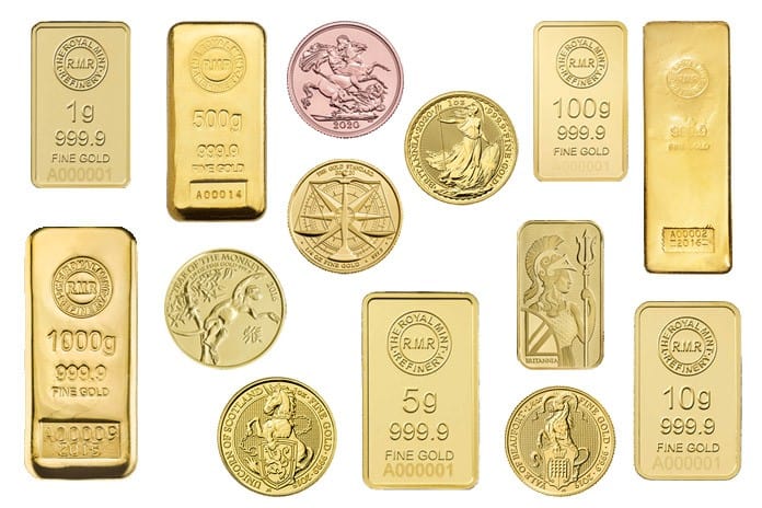 Gold bullion bars and coins