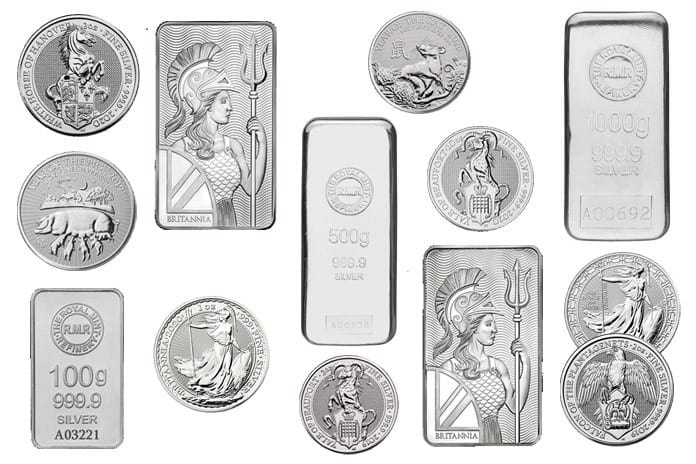 Silver bullion bars and coins