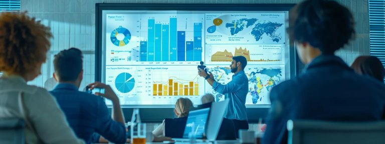 Understanding Customer Segmentation Tools Trainer presents customer segmentation examples on a large screen