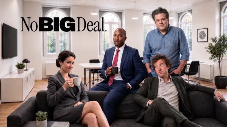 Angel investor turned writer sets new sitcom inside the pitch room Cast of the British sitcom No Big Deal in the offices of fictional investment firm Janus